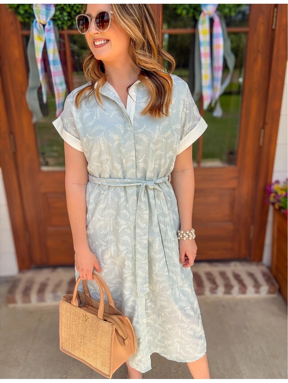 She + Sky Light Sage Collared Airy As a Feather Midi Dress Medium Summer Hot